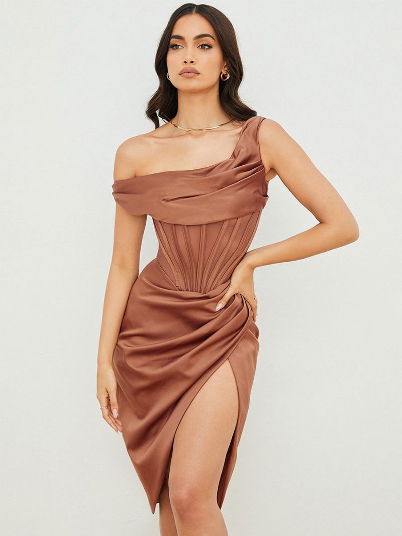 Robes Soirée Corset Pour Femmes Robe Courte Moulante Semi-formelle D'anniversaire À Une Épaule - Marron Café