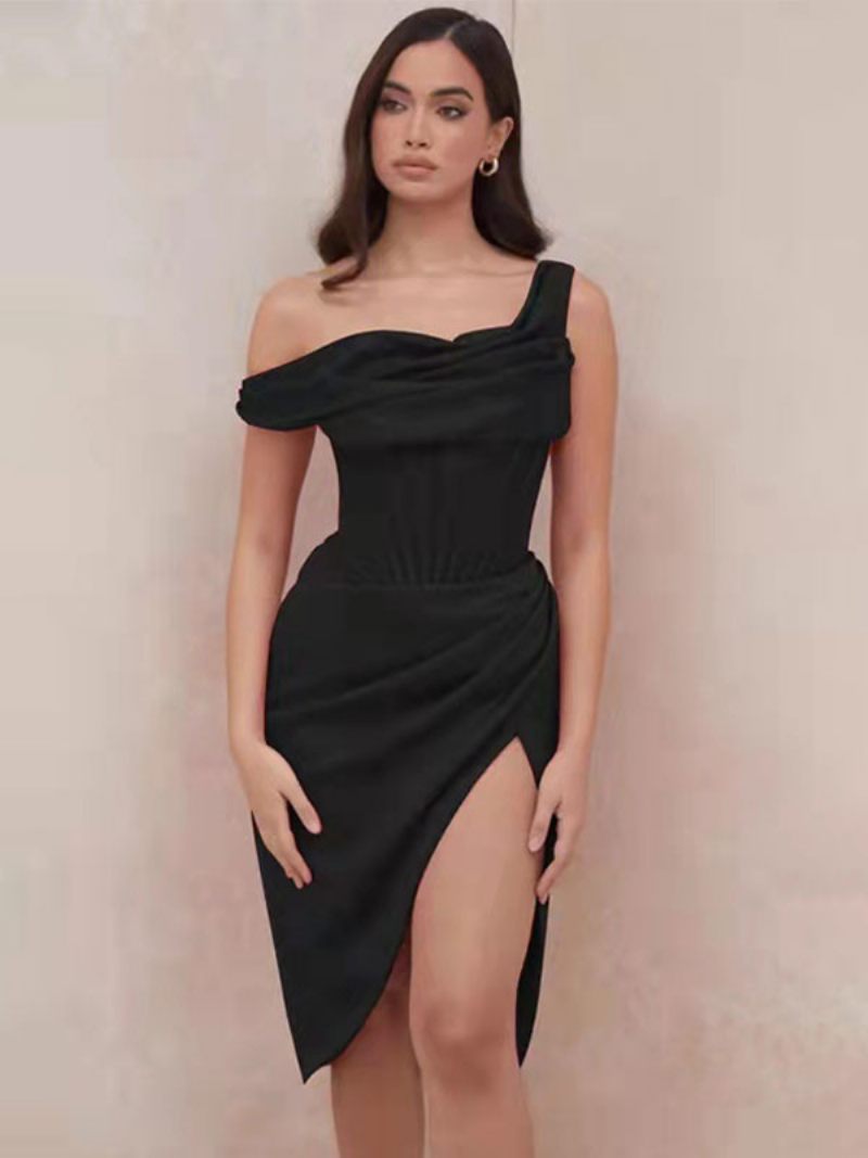 Robes Soirée Corset Pour Femmes Robe Courte Moulante Semi-formelle D'anniversaire À Une Épaule - Noir