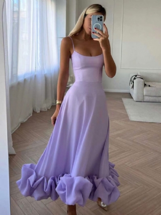 Robes Soirée Pour Femmes Bretelles Lilas Col Plissé Sans Manches Superposées Robe Bal Longue