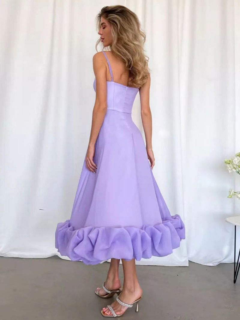 Robes Soirée Pour Femmes Bretelles Lilas Col Plissé Sans Manches Superposées Robe Bal Longue - Lilas