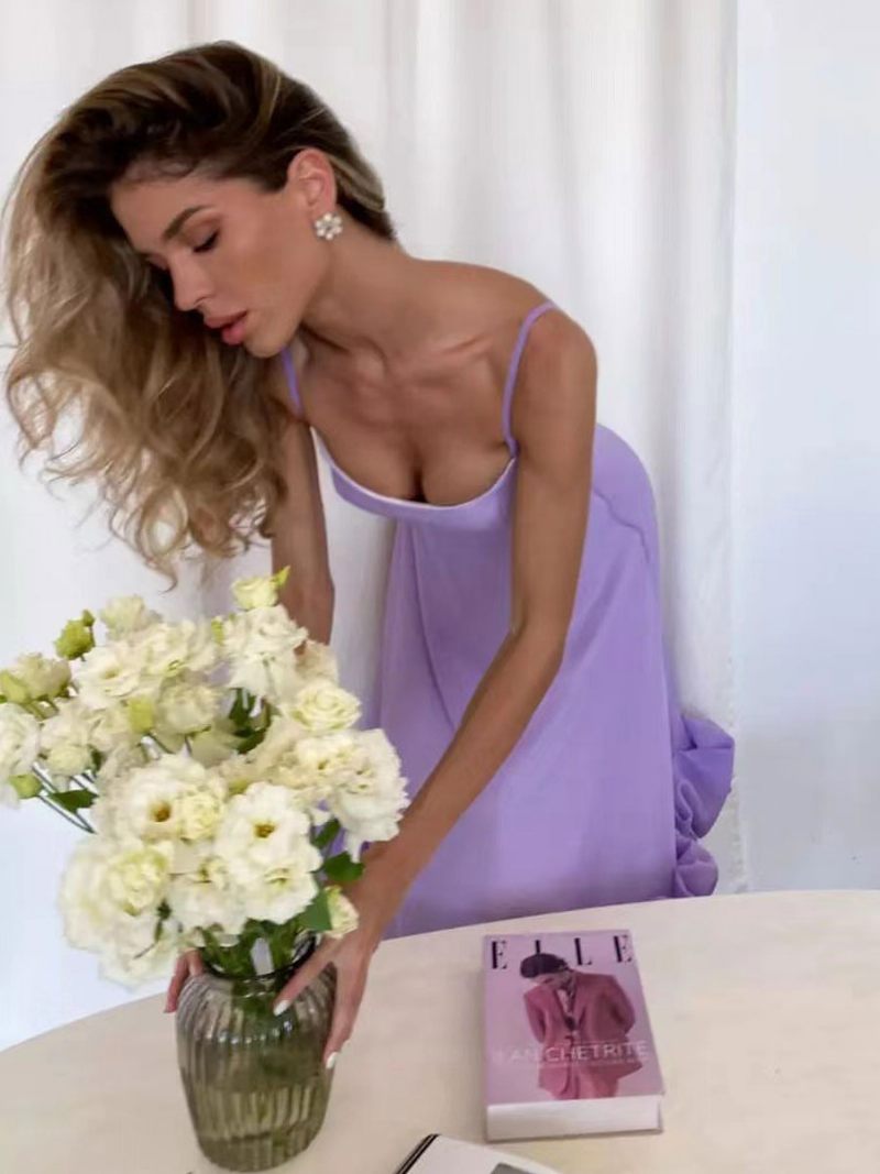 Robes Soirée Pour Femmes Bretelles Lilas Col Plissé Sans Manches Superposées Robe Bal Longue - Lilas