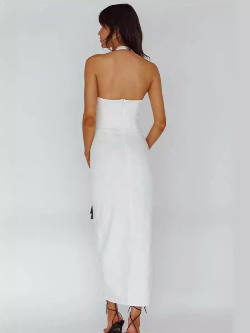 Robes Soirée Pour Femmes Col Licou Vert Boutons Sans Manches Robe Semi-formelle Convertible - Blanc