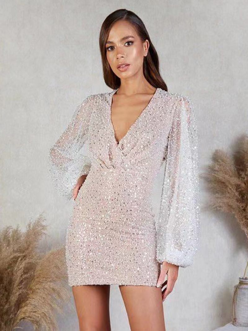 Robes Soirée Pour Femmes Col V Blanc Paillettes Manches Longues Robe Semi-formelle - Blanc