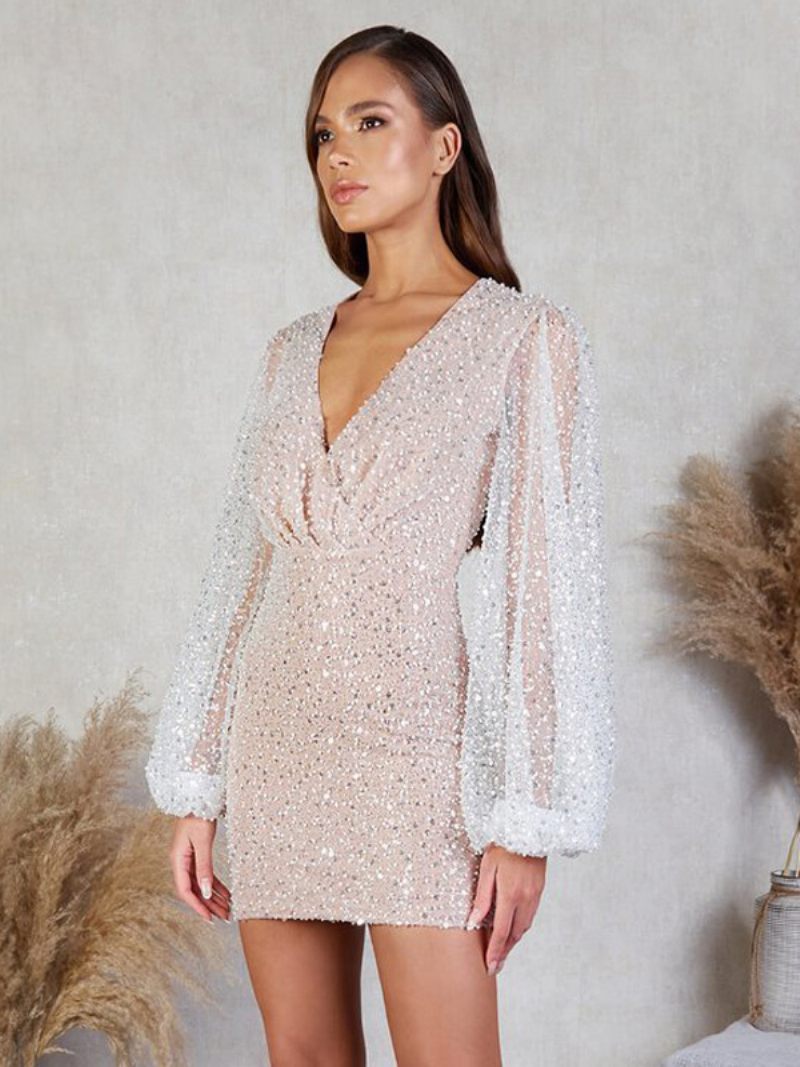 Robes Soirée Pour Femmes Col V Blanc Paillettes Manches Longues Robe Semi-formelle - Blanc