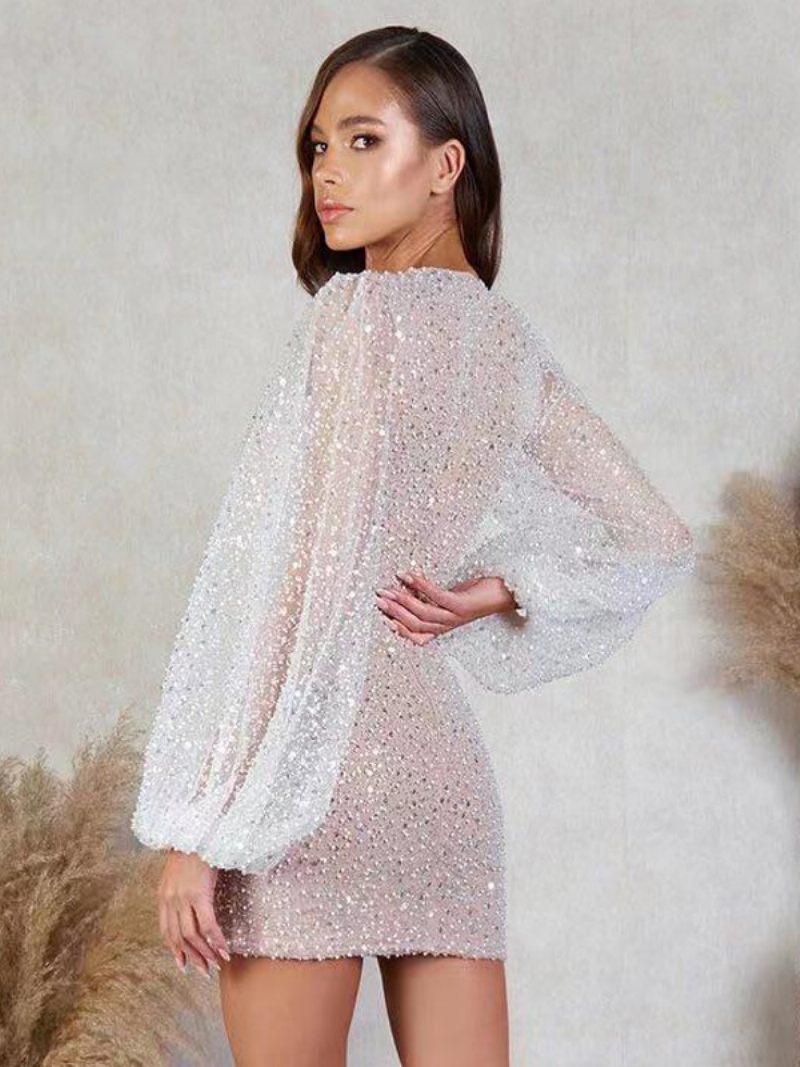 Robes Soirée Pour Femmes Col V Blanc Paillettes Manches Longues Robe Semi-formelle - Blanc