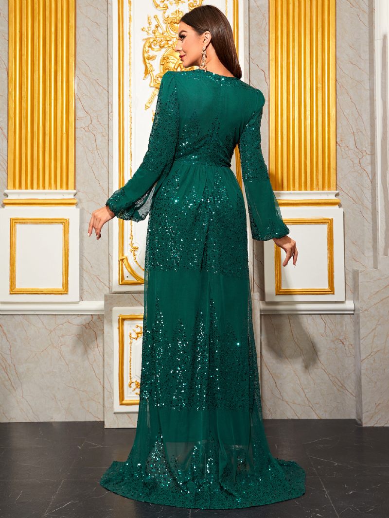 Robes Soirée Pour Femmes Marron Café Col V Paillettes Manches Longues Robe Semi-formelle Asymétrique - Vert Foncé