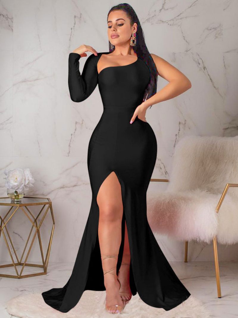 Robes Soirée Pour Femmes Noir Col Asymétrique Manches Longues Robe Longue Bal Irrégulière