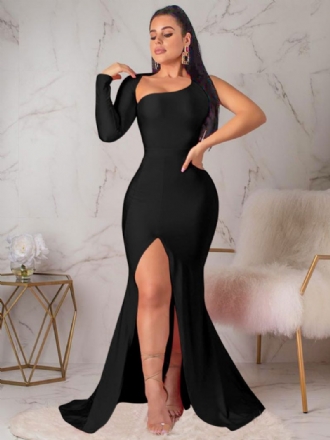 Robes Soirée Pour Femmes Noir Col Asymétrique Manches Longues Robe Longue Bal Irrégulière