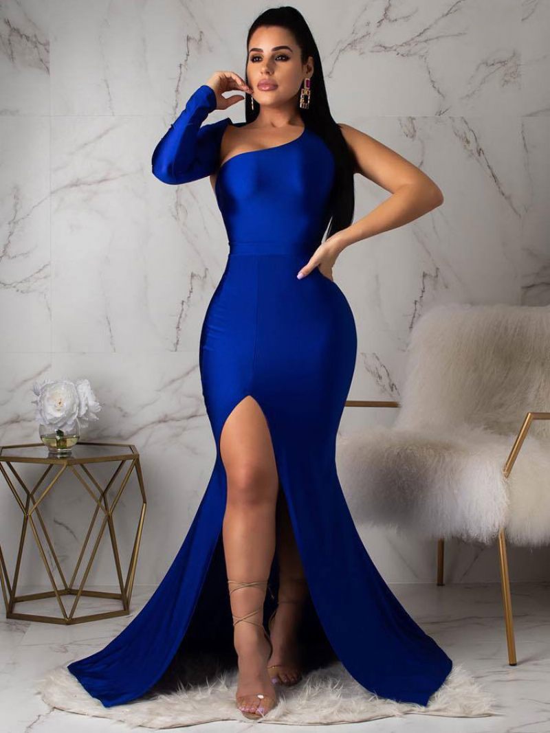 Robes Soirée Pour Femmes Noir Col Asymétrique Manches Longues Robe Longue Bal Irrégulière - Bleu Royal