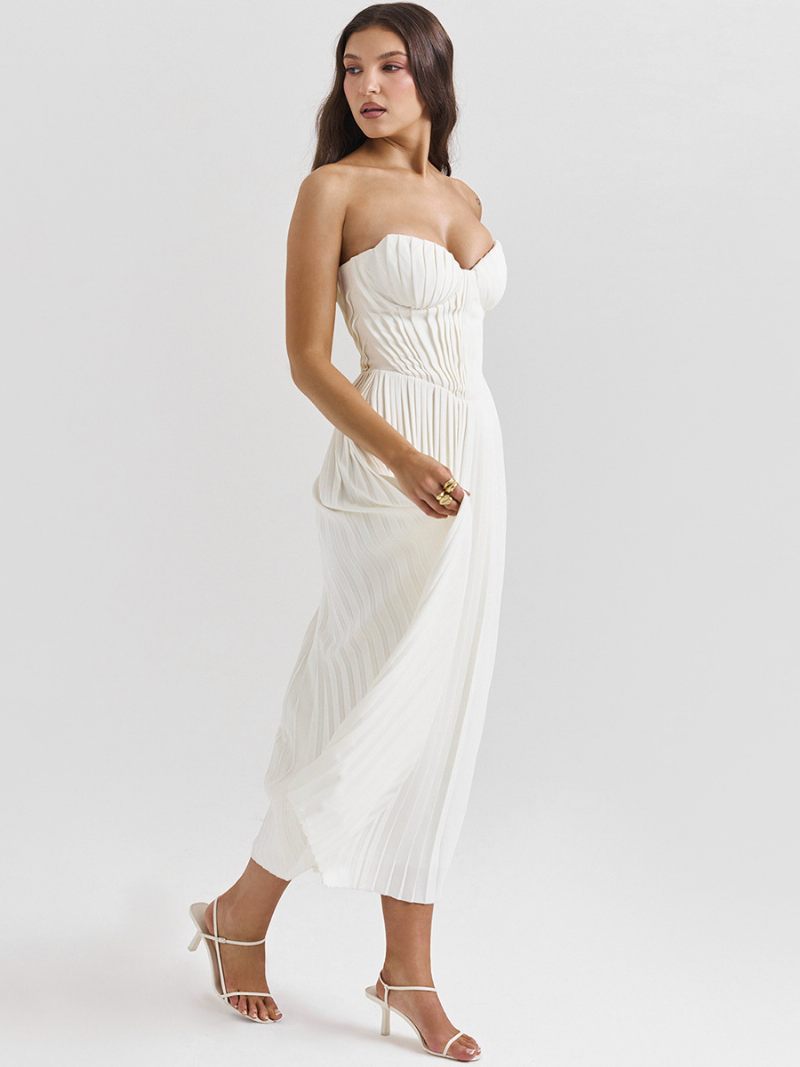 Robes Soirée Pour Femmes Robe Semi-formelle Blanche Plissée Sans Bretelles Manches - Blanc