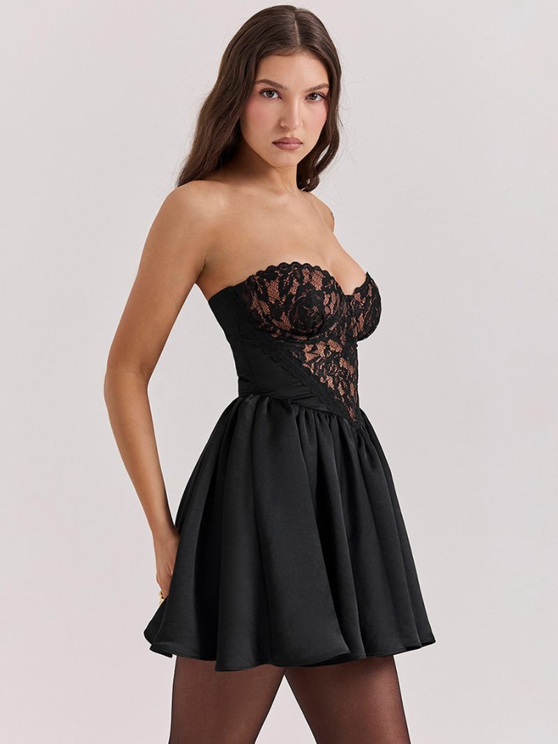 Robes Soirée Pour Femmes Robe Semi-formelle Noire Sans Bretelles Dentelle Manches Dos Nu - Noir