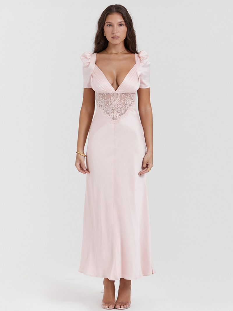 Robes Soirée Pour Femmes Rose Col V Plissé Manches Courtes Robe Semi-formelle Transparente