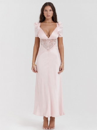 Robes Soirée Pour Femmes Rose Col V Plissé Manches Courtes Robe Semi-formelle Transparente