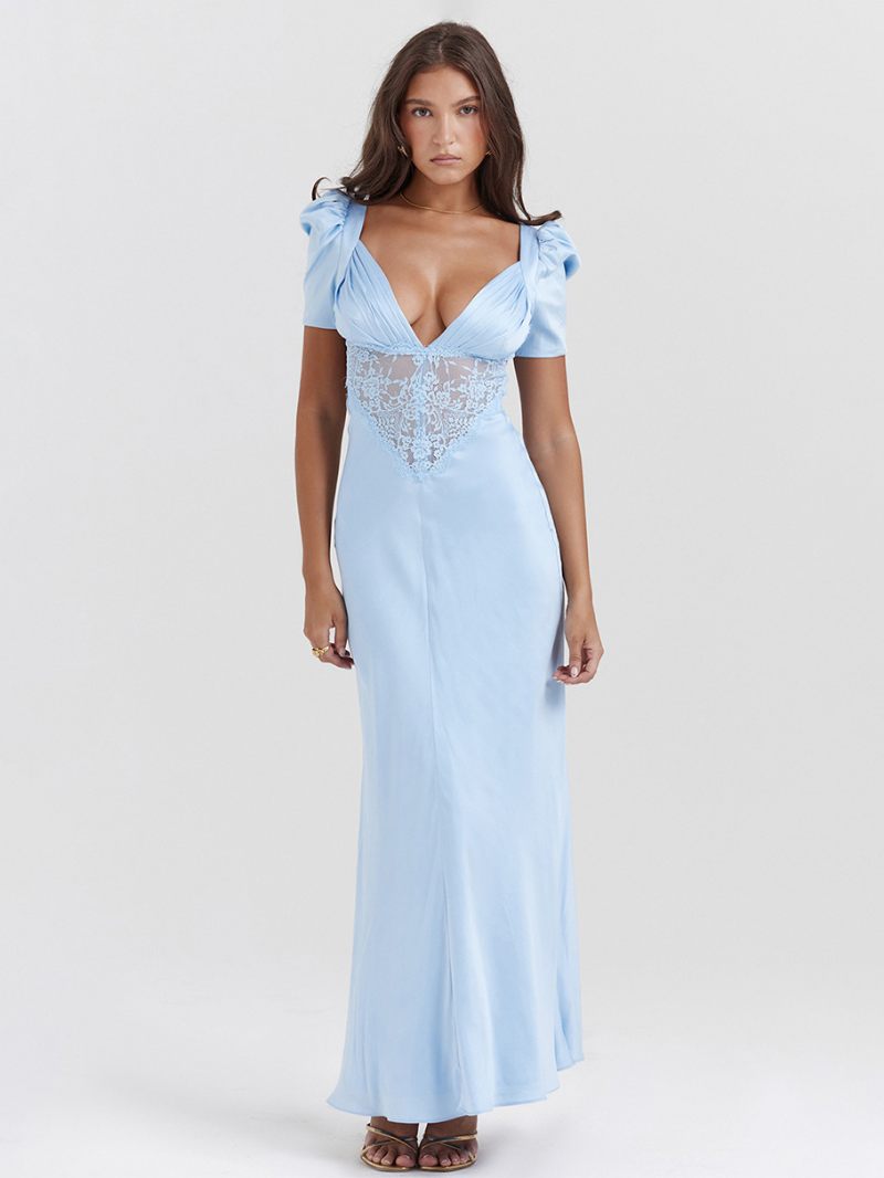 Robes Soirée Pour Femmes Rose Col V Plissé Manches Courtes Robe Semi-formelle Transparente - Bleu Ciel Clair