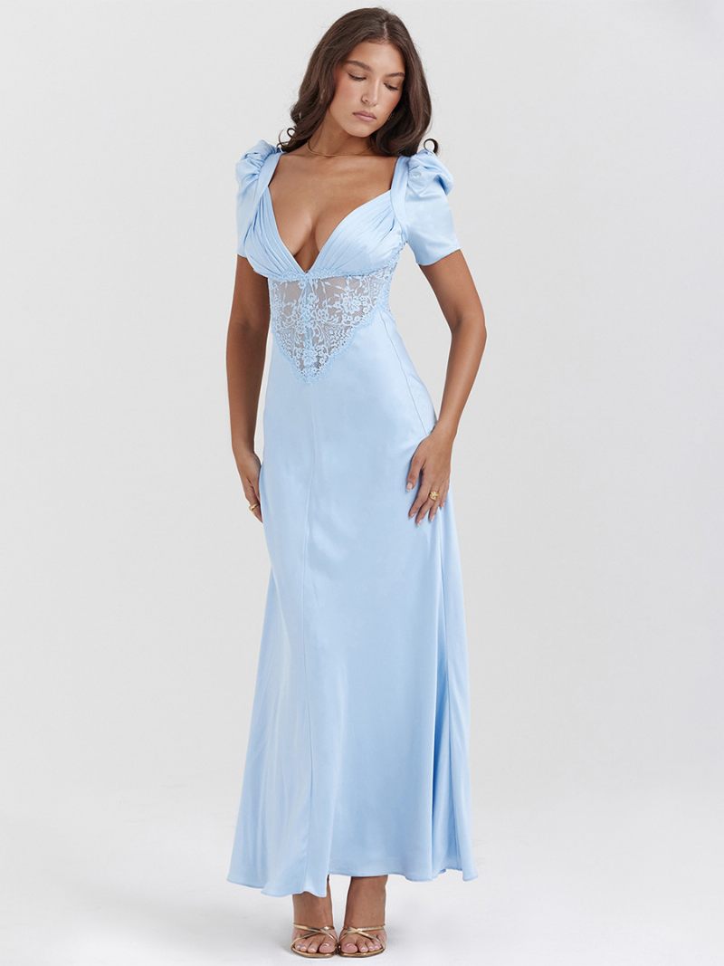 Robes Soirée Pour Femmes Rose Col V Plissé Manches Courtes Robe Semi-formelle Transparente - Bleu Ciel Clair