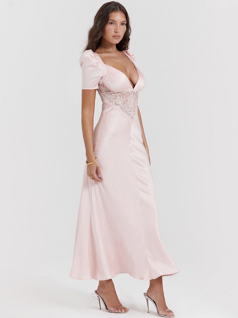 Robes Soirée Pour Femmes Rose Col V Plissé Manches Courtes Robe Semi-formelle Transparente - Rose