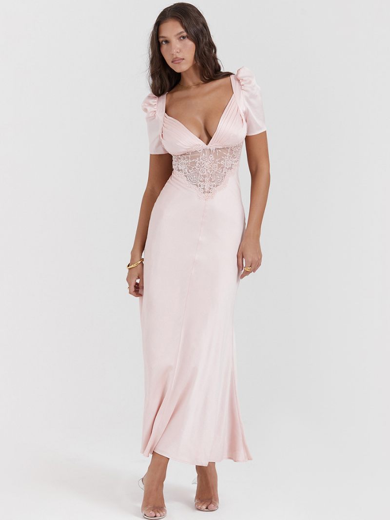 Robes Soirée Pour Femmes Rose Col V Plissé Manches Courtes Robe Semi-formelle Transparente - Rose