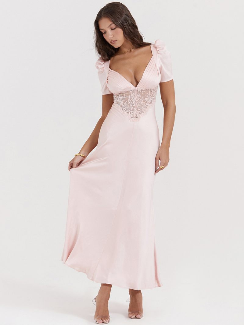 Robes Soirée Pour Femmes Rose Col V Plissé Manches Courtes Robe Semi-formelle Transparente - Rose