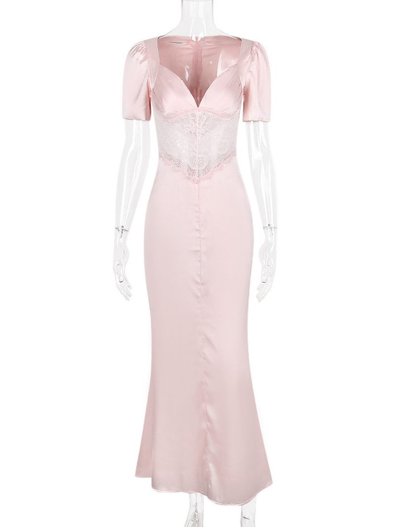 Robes Soirée Pour Femmes Rose Col V Plissé Manches Courtes Robe Semi-formelle Transparente - Rose