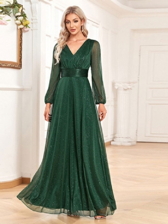 Robes Soirée Pour Femmes Vert Foncé Col V Manches Longues Robe Longue Bal Transparente