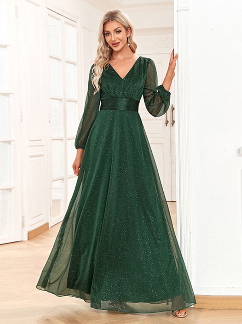 Robes Soirée Pour Femmes Vert Foncé Col V Manches Longues Robe Longue Bal Transparente - Vert Foncé