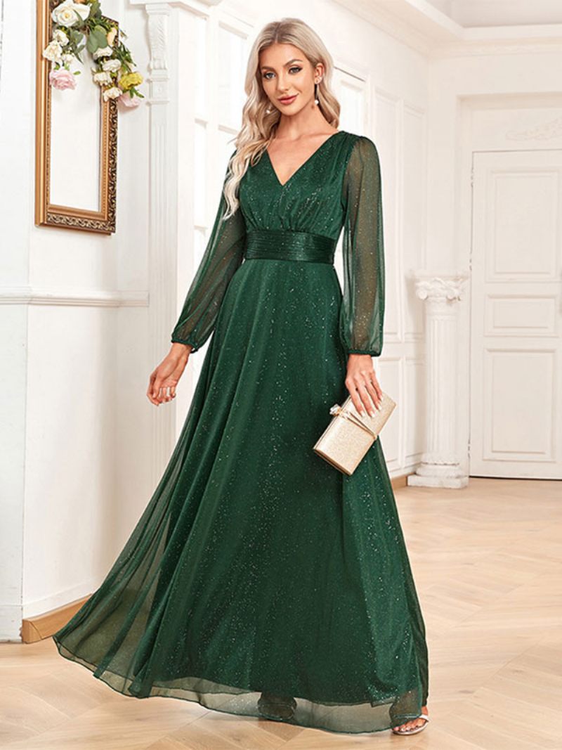 Robes Soirée Pour Femmes Vert Foncé Col V Manches Longues Robe Longue Bal Transparente - Vert Foncé