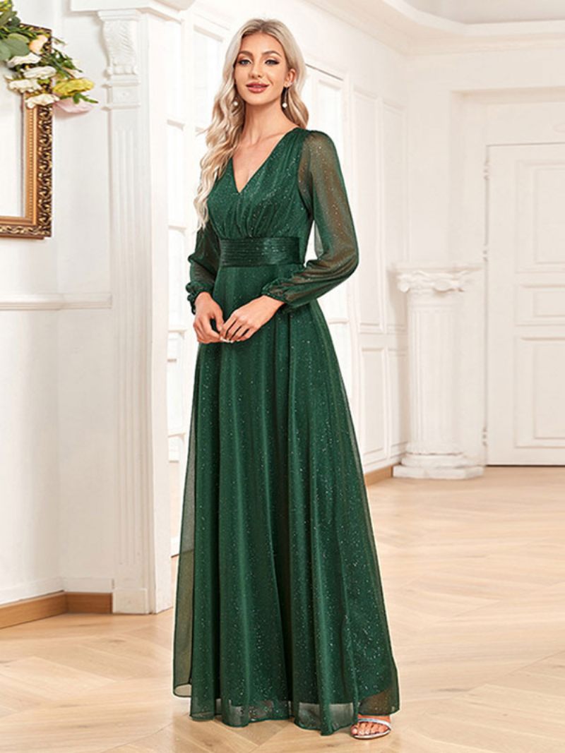 Robes Soirée Pour Femmes Vert Foncé Col V Manches Longues Robe Longue Bal Transparente - Vert Foncé