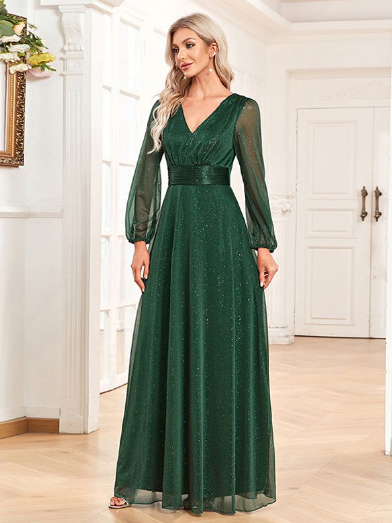 Robes Soirée Pour Femmes Vert Foncé Col V Manches Longues Robe Longue Bal Transparente - Vert Foncé