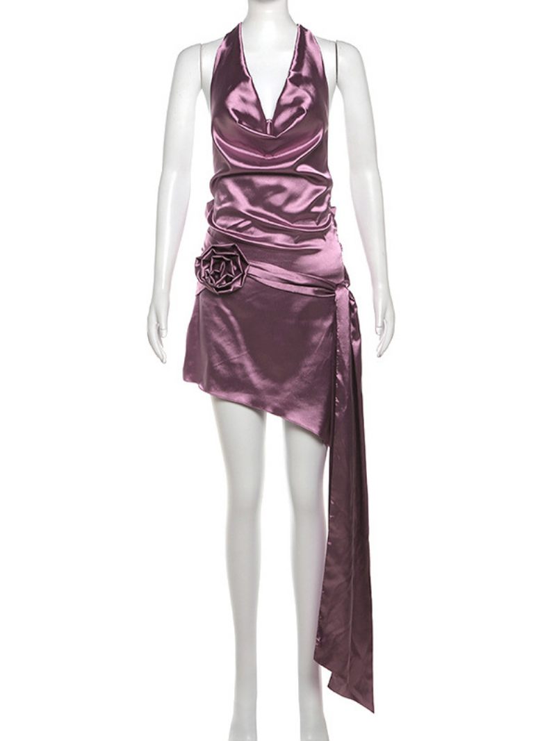 Robes Soirée Pour Femmes Violet Col V Frange Sans Manches Robe Semi-formelle Irrégulière - Violet