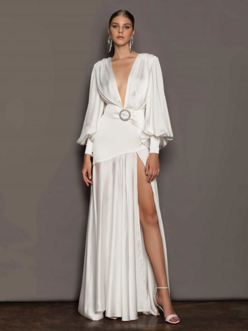 Robes Soirée Maxi Pour Femmes Col V Blanc Manches Longues Robe Bal À Fente Haute