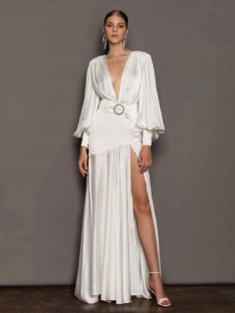 Robes Soirée Maxi Pour Femmes Col V Blanc Manches Longues Robe Bal À Fente Haute