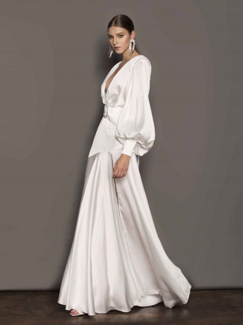 Robes Soirée Maxi Pour Femmes Col V Blanc Manches Longues Robe Bal À Fente Haute - Blanc