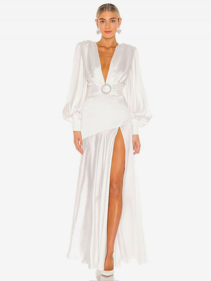 Robes Soirée Maxi Pour Femmes Col V Blanc Manches Longues Robe Bal À Fente Haute - Blanc