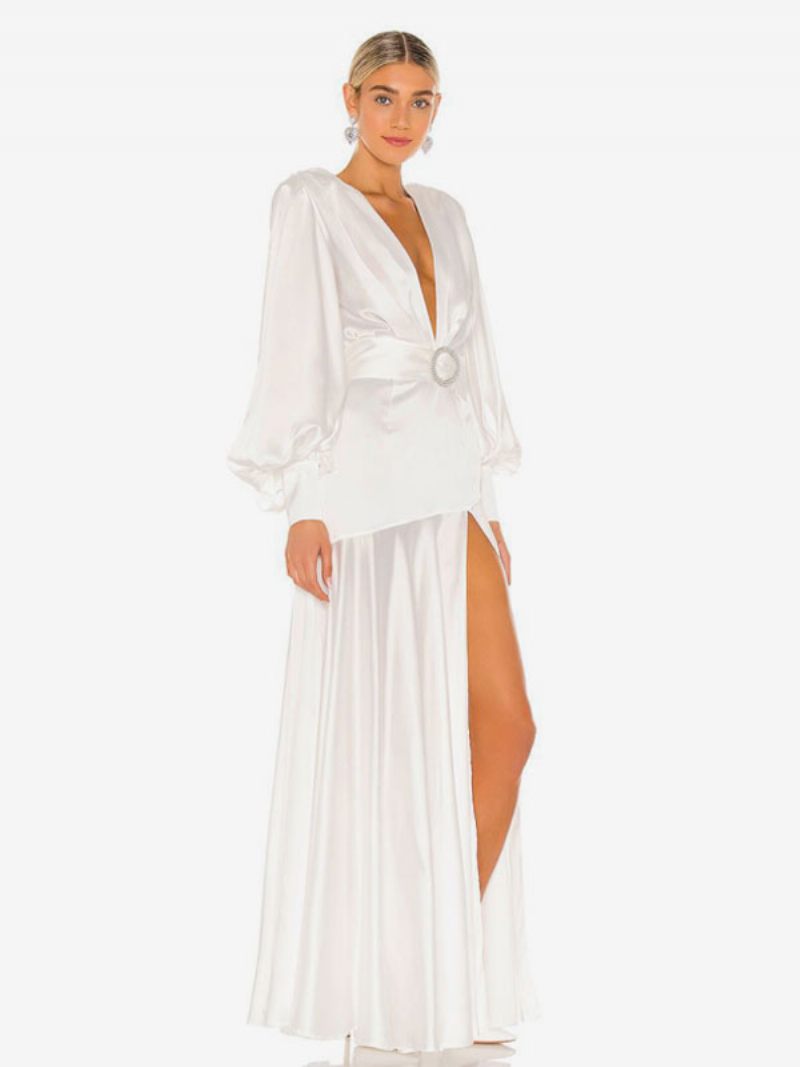 Robes Soirée Maxi Pour Femmes Col V Blanc Manches Longues Robe Bal À Fente Haute - Blanc