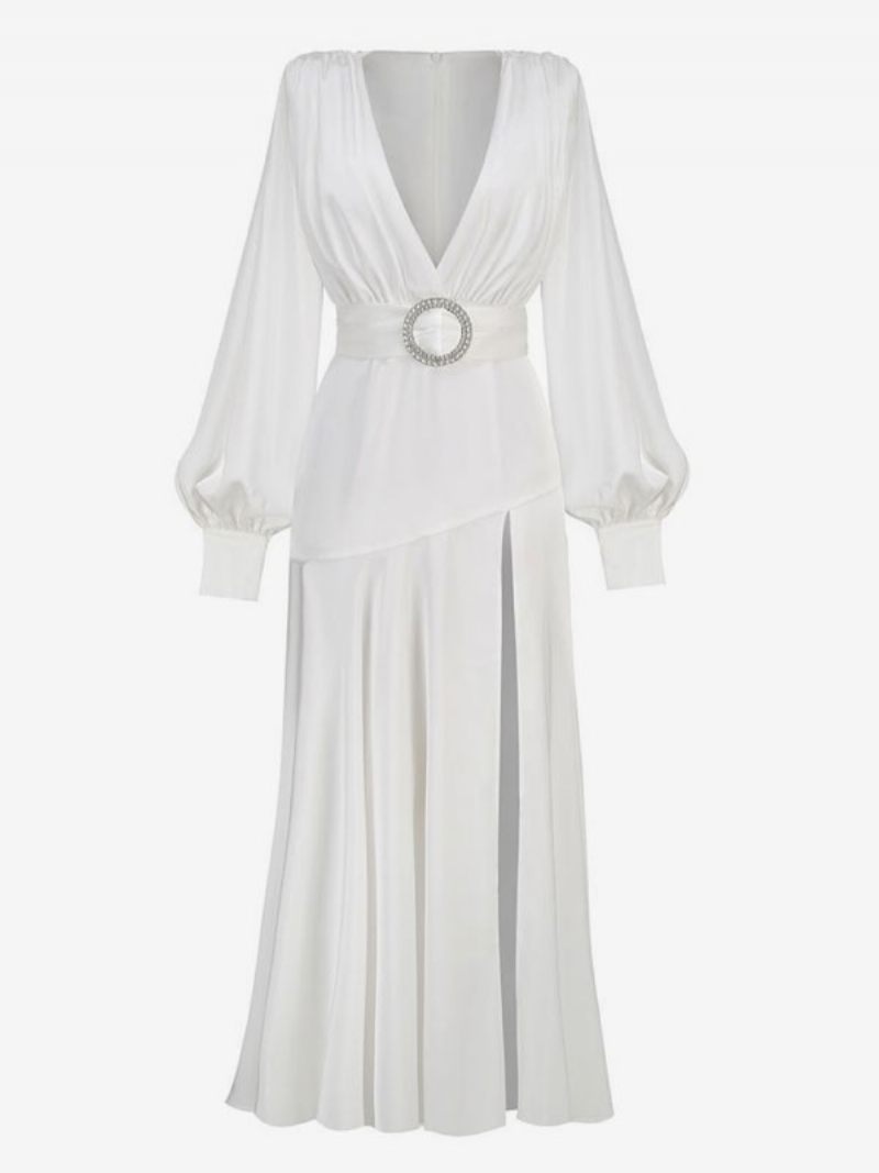 Robes Soirée Maxi Pour Femmes Col V Blanc Manches Longues Robe Bal À Fente Haute - Blanc