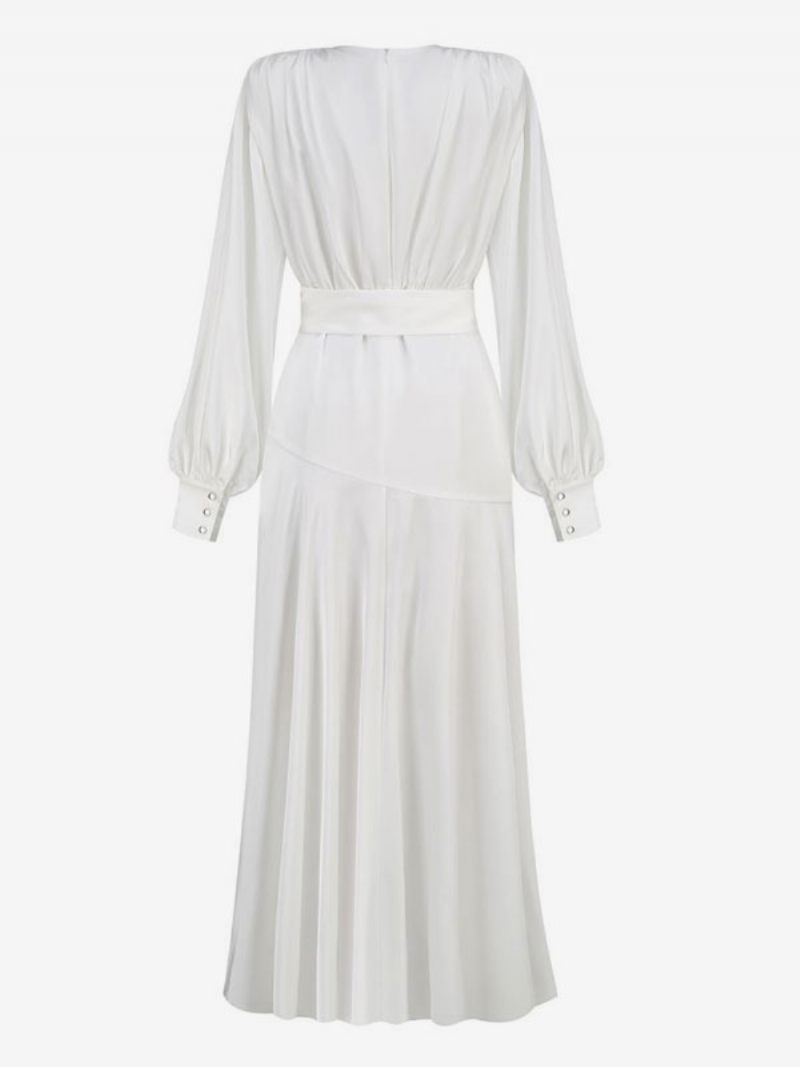 Robes Soirée Maxi Pour Femmes Col V Blanc Manches Longues Robe Bal À Fente Haute - Blanc