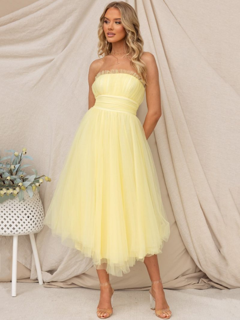 Robes Tulle Pour Femmes Sans Bretelles Plissées Épaules Dénudées Robe Bal Superposée - Jaune