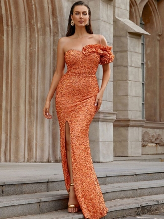 Robes À Volants Pour Femmes Asymétrique Épaule Dénudée Fente Paillettes Robe Longue Fête D'anniversaire Bal