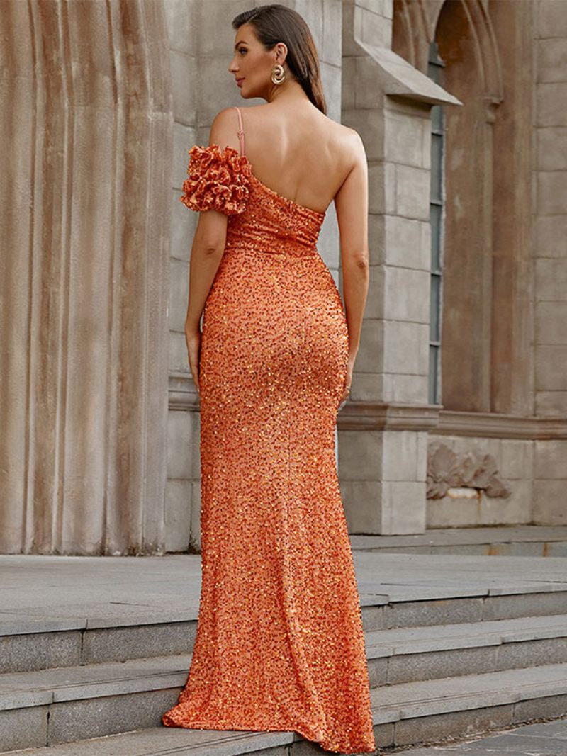 Robes À Volants Pour Femmes Asymétrique Épaule Dénudée Fente Paillettes Robe Longue Fête D'anniversaire Bal - Orange Rouge