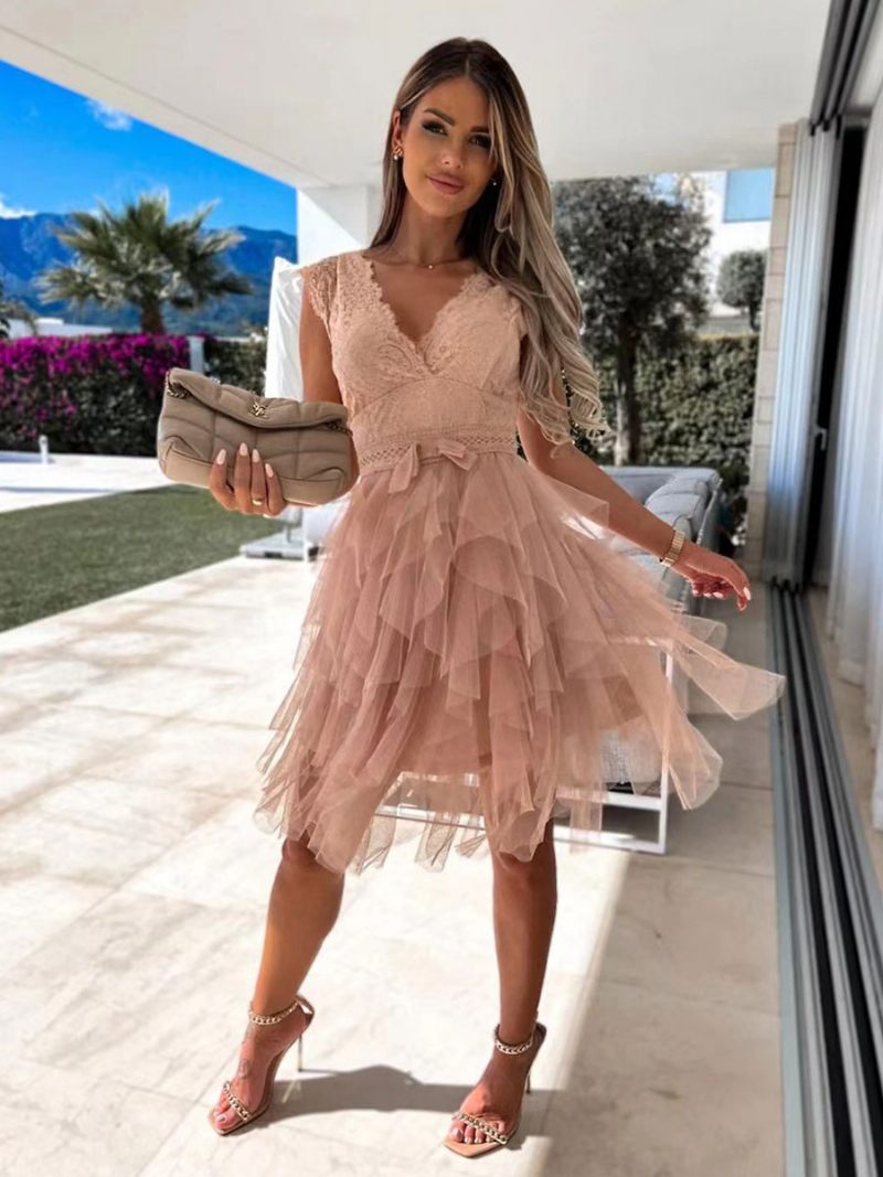 Mini Robe D'été Dentelle Festonnée Pour Femme Dos V Jupe Tulle Robes Fête D'anniversaire À Plusieurs Niveaux - Rose