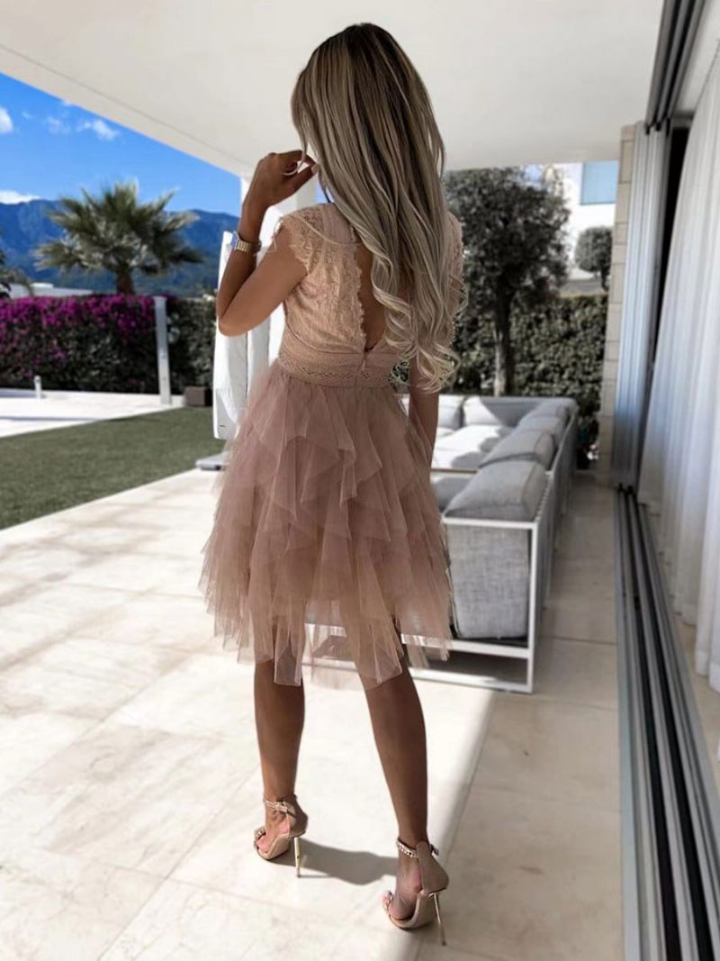 Mini Robe D'été Dentelle Festonnée Pour Femme Dos V Jupe Tulle Robes Fête D'anniversaire À Plusieurs Niveaux - Rose