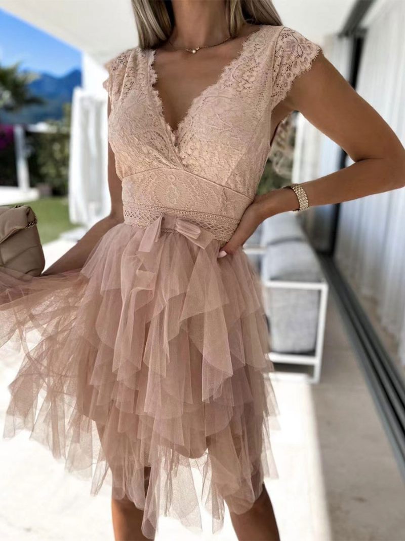 Mini Robe D'été Dentelle Festonnée Pour Femme Dos V Jupe Tulle Robes Fête D'anniversaire À Plusieurs Niveaux - Rose