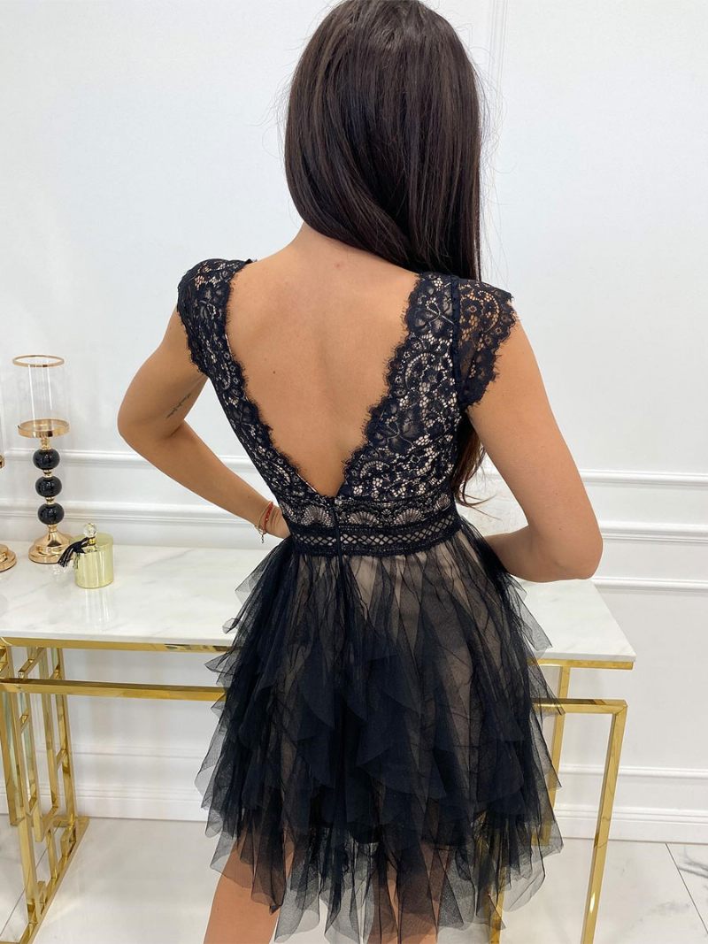 Mini Robe D'été Dentelle Festonnée Pour Femme Dos V Jupe Tulle Robes Fête D'anniversaire À Plusieurs Niveaux - Noir