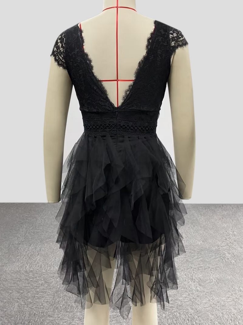 Mini Robe D'été Dentelle Festonnée Pour Femme Dos V Jupe Tulle Robes Fête D'anniversaire À Plusieurs Niveaux - Noir