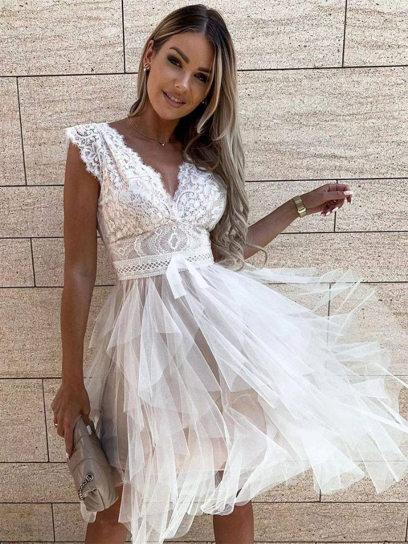 Mini Robe D'été Dentelle Festonnée Pour Femme Dos V Jupe Tulle Robes Fête D'anniversaire À Plusieurs Niveaux - Blanc