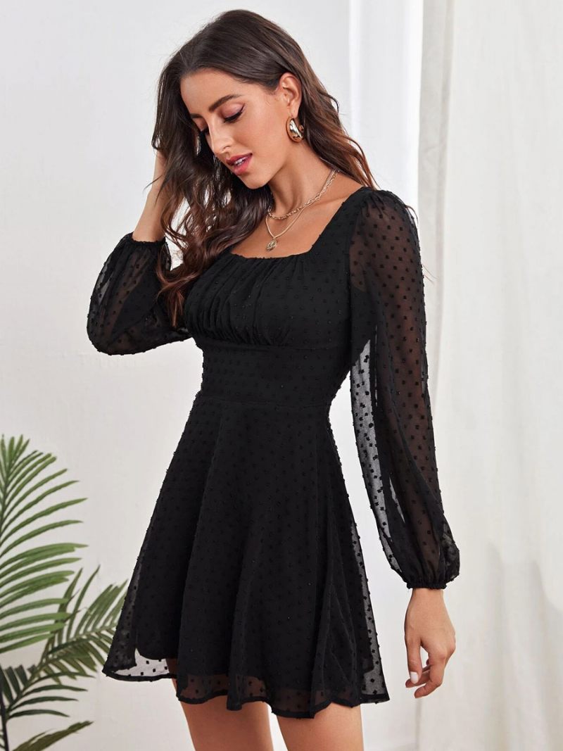 Mini Robes D'anniversaire Pour Femmes Robe Courte Blanche À Manches Longues - Noir