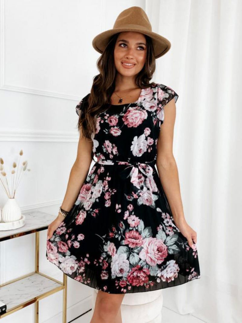 Mini Robes Pour Femmes Robe Courte Noire À Imprimé Floral Manches Courtes - Noir