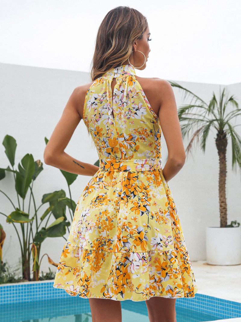 Mini Robes Pour Femmes Robe Courte Sans Manches À Imprimé Floral Rose - Jaune