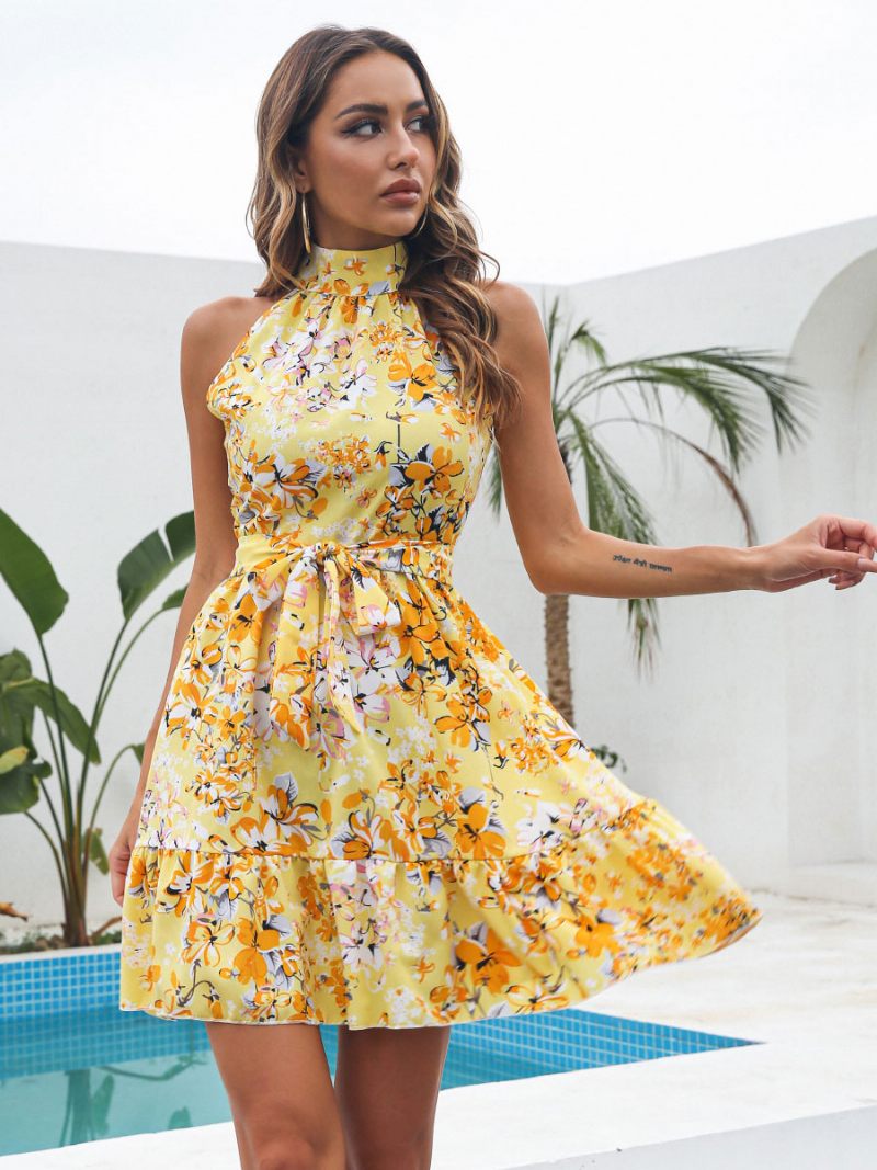 Mini Robes Pour Femmes Robe Courte Sans Manches À Imprimé Floral Rose - Jaune