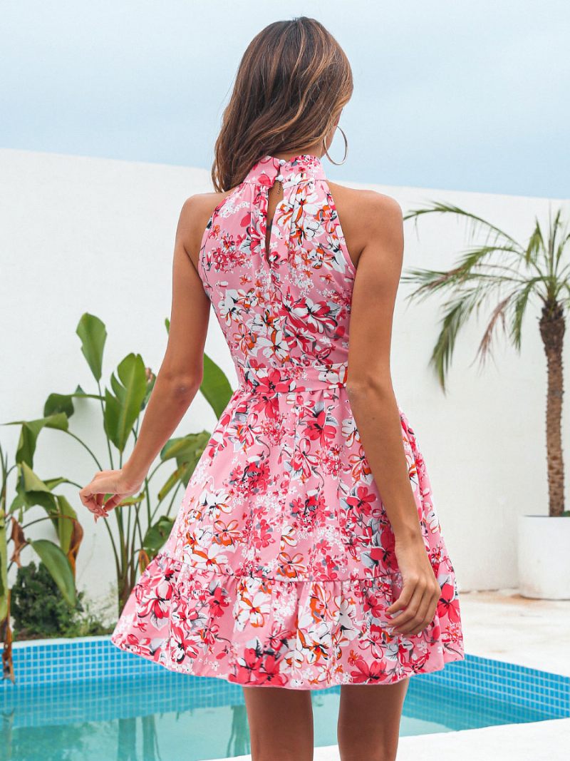 Mini Robes Pour Femmes Robe Courte Sans Manches À Imprimé Floral Rose - Rose